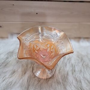 Fenton marigold carnival glass compote in the "Blackberry Bramble" pattern